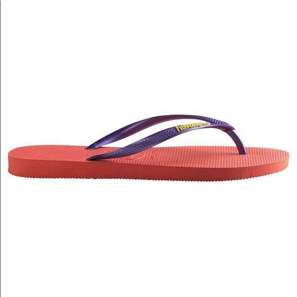 HAVAIANAS SLIMS Logo Pop-Up Flip Flops - Salmon w/Purple Thong Straps - Picture 2 of 8
